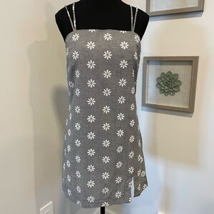 Elodie Black & White Gingham Daisy Cotton Summer Mini Dress With Thigh Slit NWT!